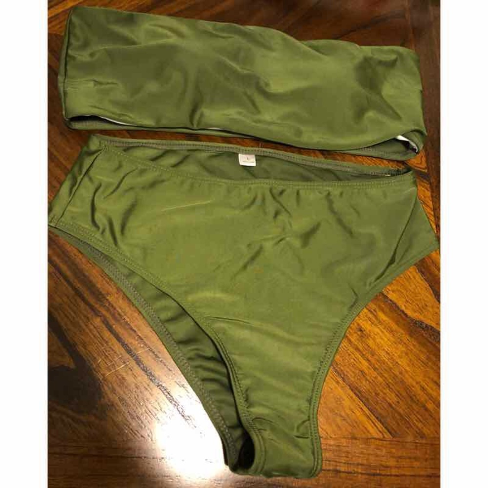Two piece green tube top high waisted bathing suit